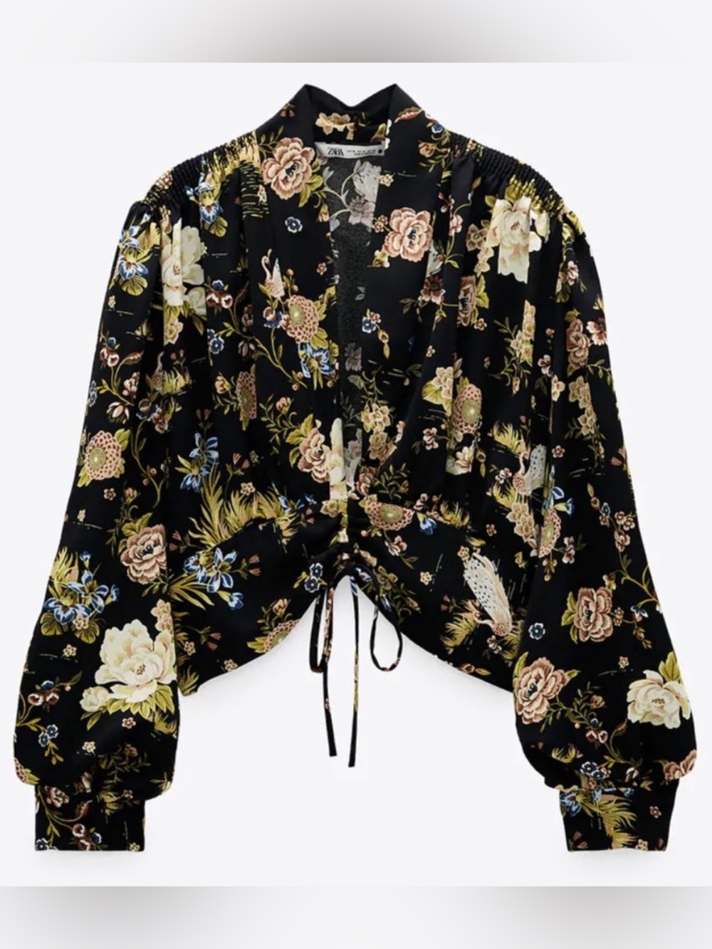 Zara Black Floral Multicolor V-Neck Puff Sleeve Crop Tie Blouse